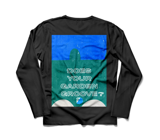 Does Your Garden Groove Long Sleeve T-shirt (Blue, Green & Grey Print)